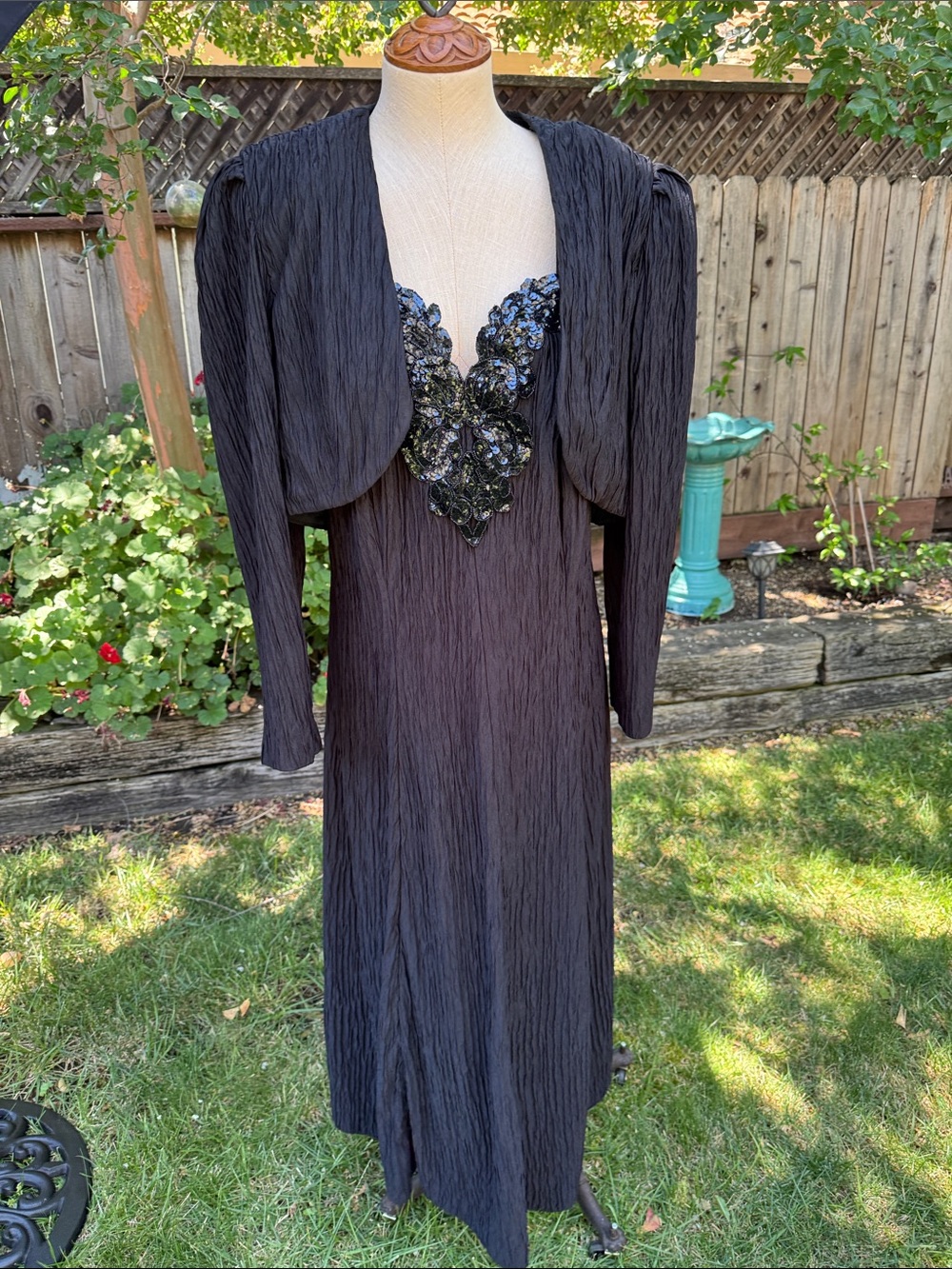 Vtg 80s David Rose Bolero Slip Dress Set Size 16 Black Beaded Crinkle Chiffon
